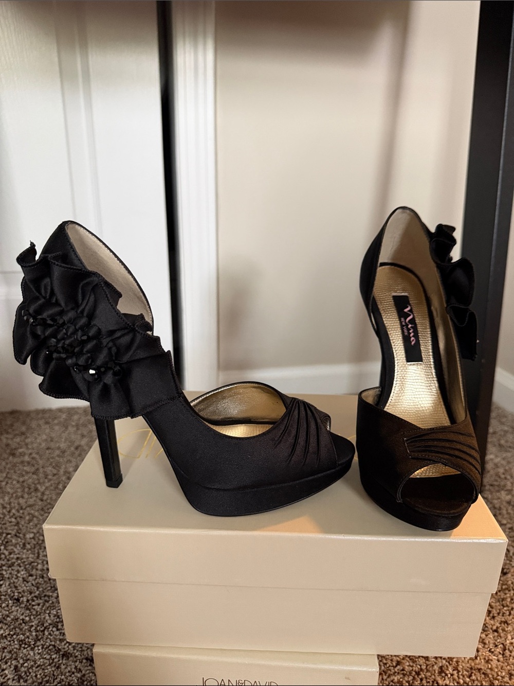 Nina Black Satin Peep-Toe Platform Heels with Back Bow Detail
